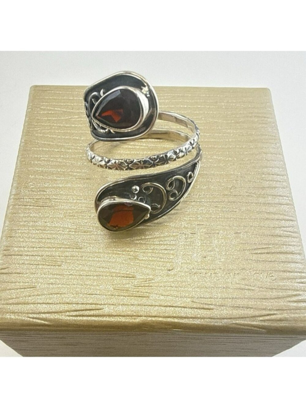 JTV Sterling Silver Ring Garnet Red Bypass Wrap 925 Adjustable Sz 9-11